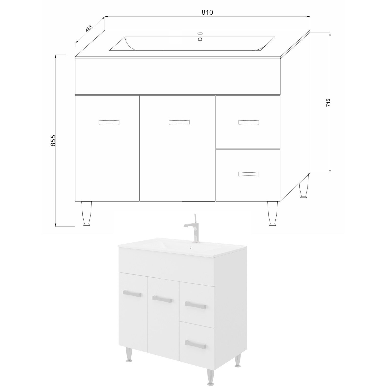 MADRID Meuble salle de bain sur pieds simple vasque Blanc L. 80 cm - 6