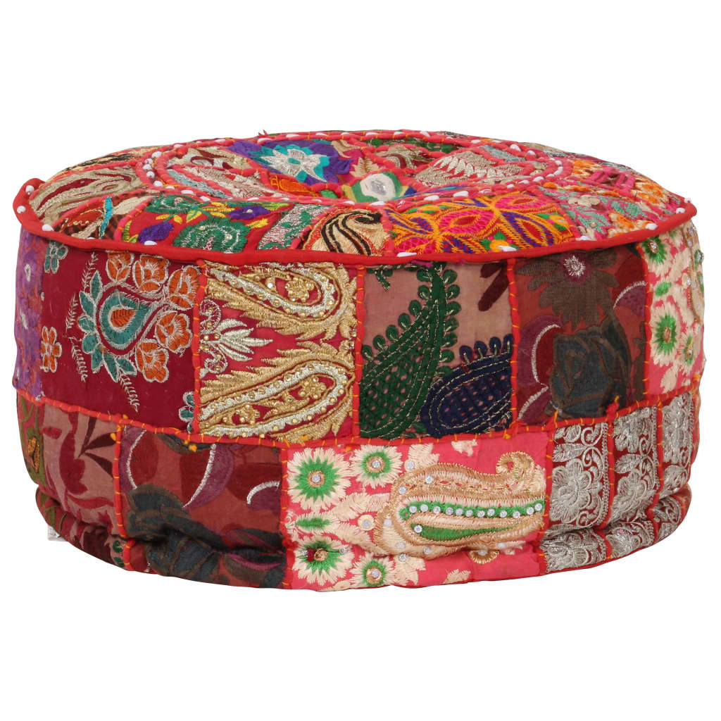 Pufe redondo feito à mão em algodão patchwork 40x20 cm vermelho - 7