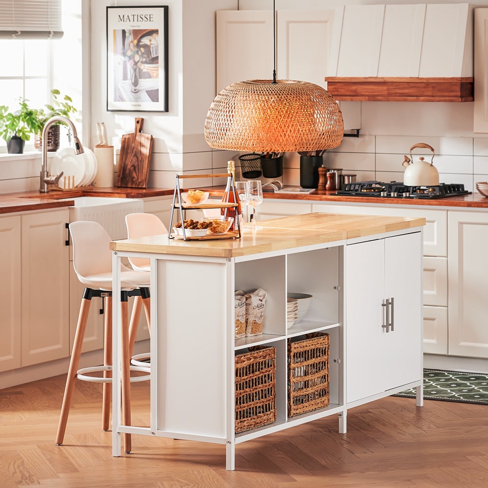 SoBuy îlot Central de Cuisine avec Plan de Travail en Bois d'hévéa,Placard de Cuisine avec 2 Portes, 4 Cubes Compartiments, Blanc, KNL09-WN - 2