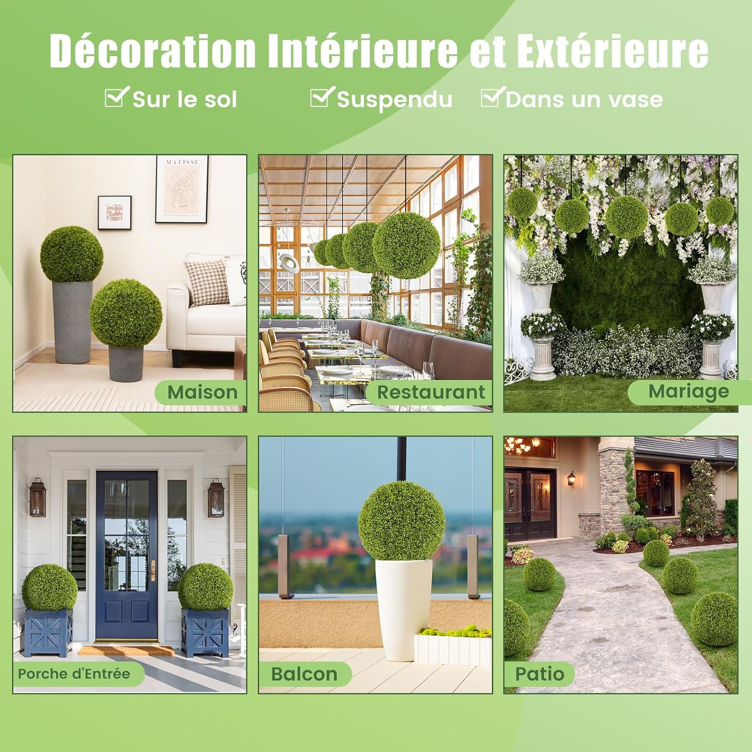 2 Boules de Buis Artificielles 50 cm Résistantes aux UV, Plantes en Boules de Faux Sphères Végétales, Vert - 7
