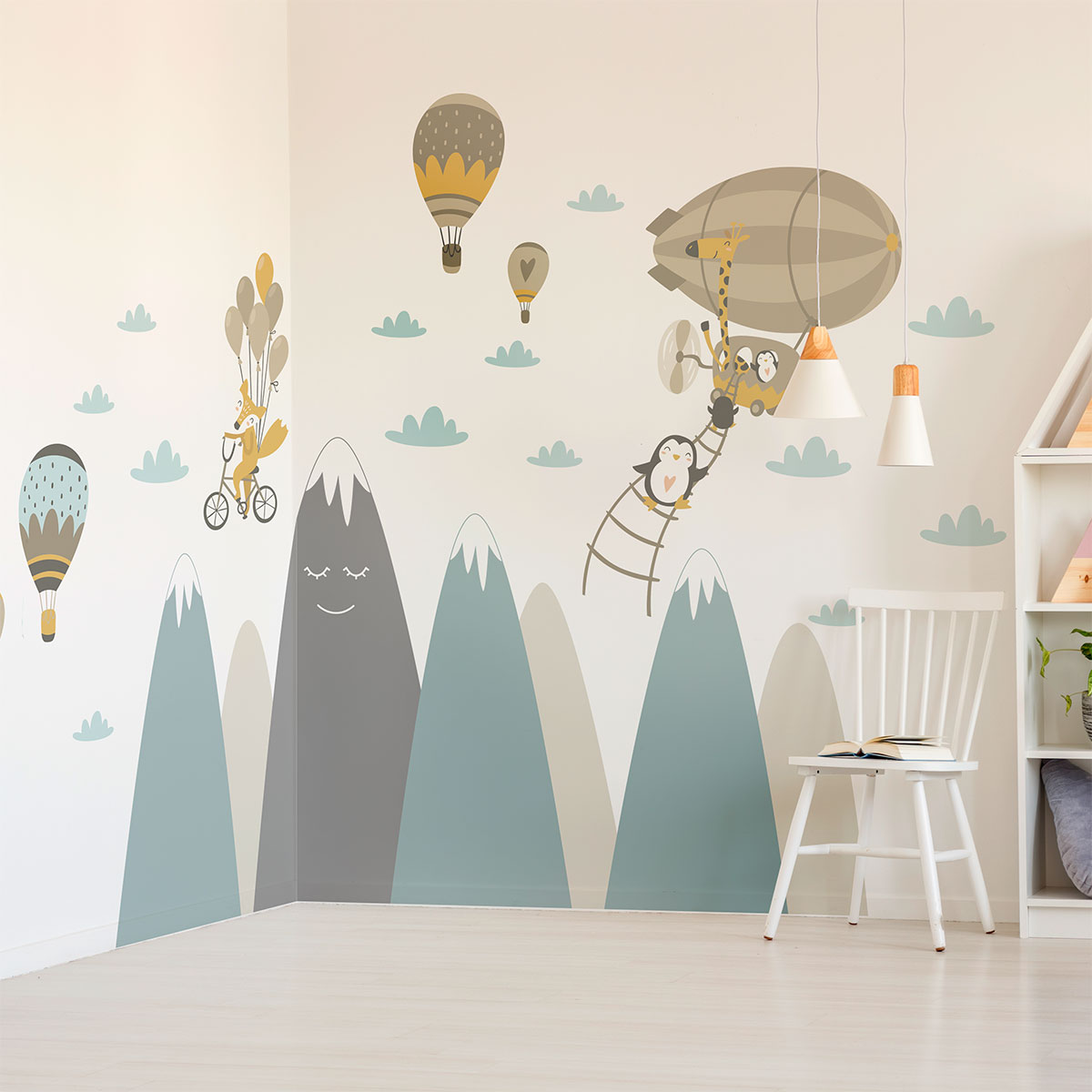 Vinilo niño escandinavo de montaña y animales voladores - adhesivo de pared - revestimiento sticker mural decorativo - 120x180cm