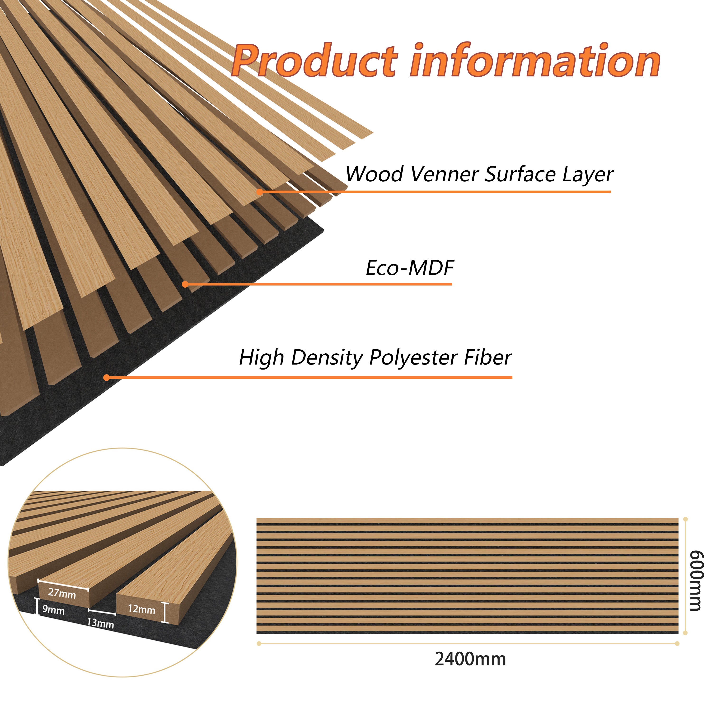 Lot de 2 Panneaux Muraux Décoratifs Acoustiques Bois MDF 240x60cm Chêne foncé AntiBruit, Facile à Poser - 3