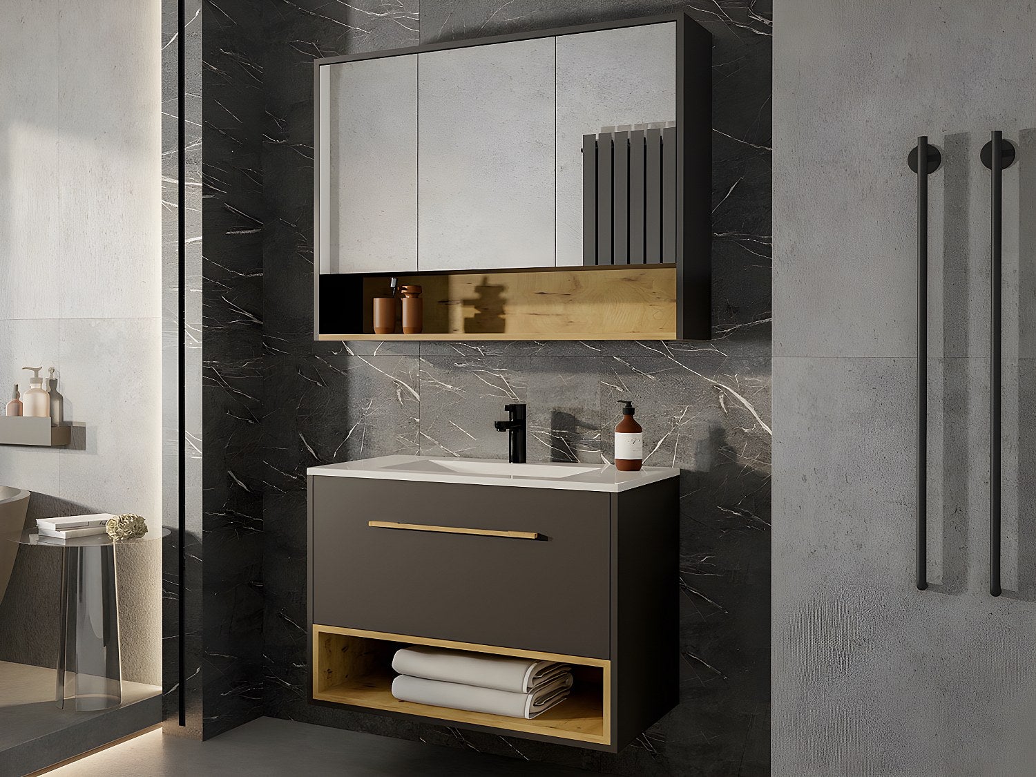 Szafka łazienkowa wisząca w kolorze antracytowym z umywalką i lustrem - 80 cm - YANGRA