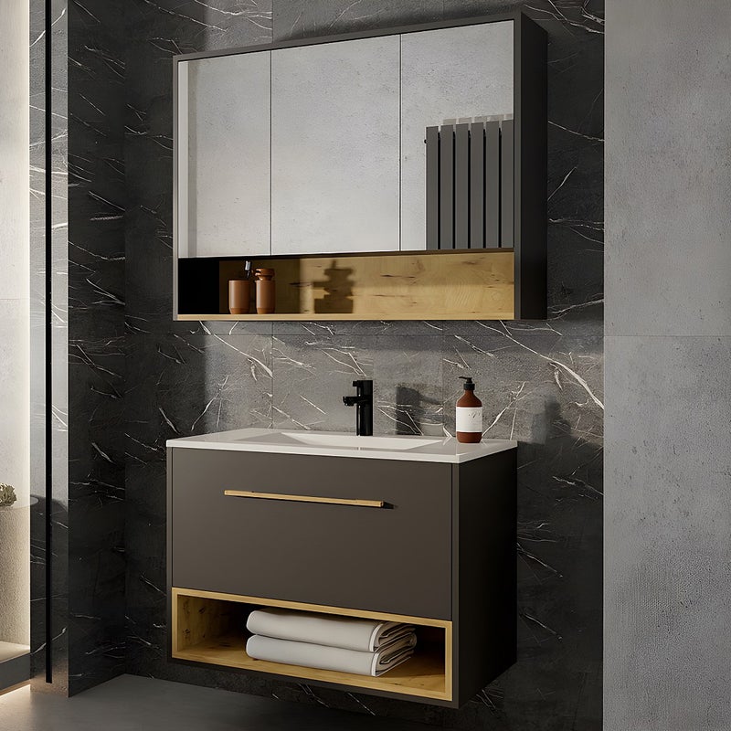 Szafka łazienkowa wisząca w kolorze antracytowym z umywalką i lustrem - 80 cm - YANGRA