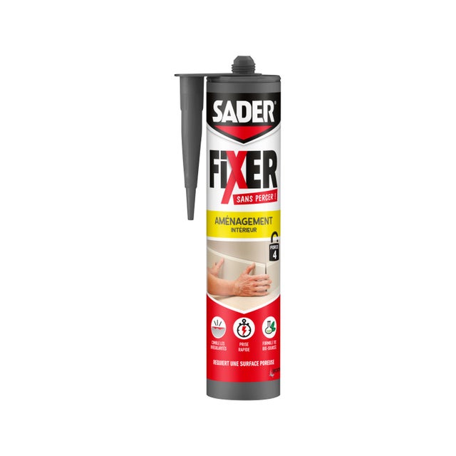 Sader FIXER Sans Percer Aménagement Intérieur - Mastic Colle Acrylique - Prise Rapide - Maintien Puissant - Peut se Peindre - Blanc - Cartouche 360g