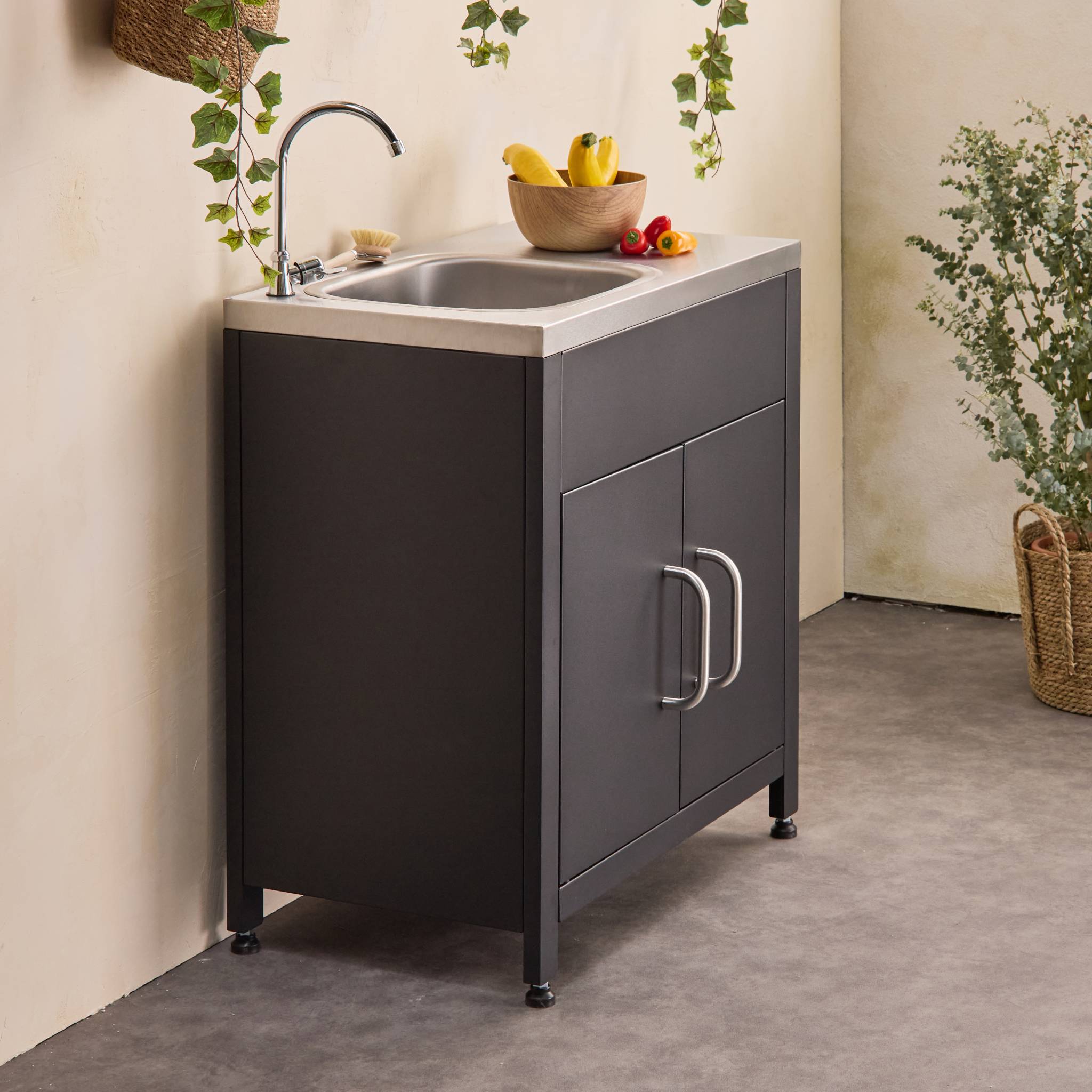 Cozinha exterior em aço com lava-loiça, 80cm, Grimaud, Preto, 52.5x80x114 cm - 3