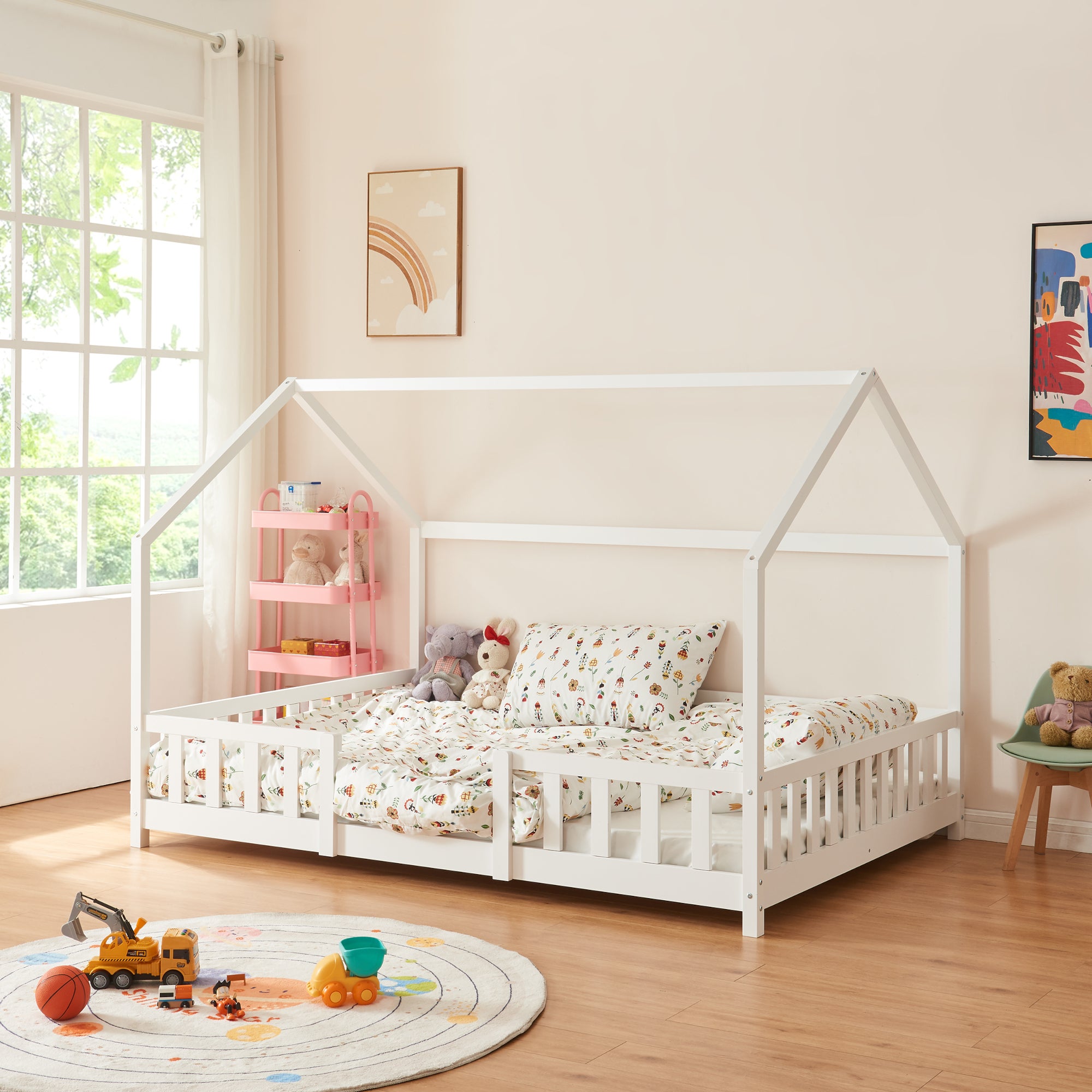 Letto a casetta per bambini 140x200 cm con letto estraibile 90x182 cm, 4 scomparti laterali per