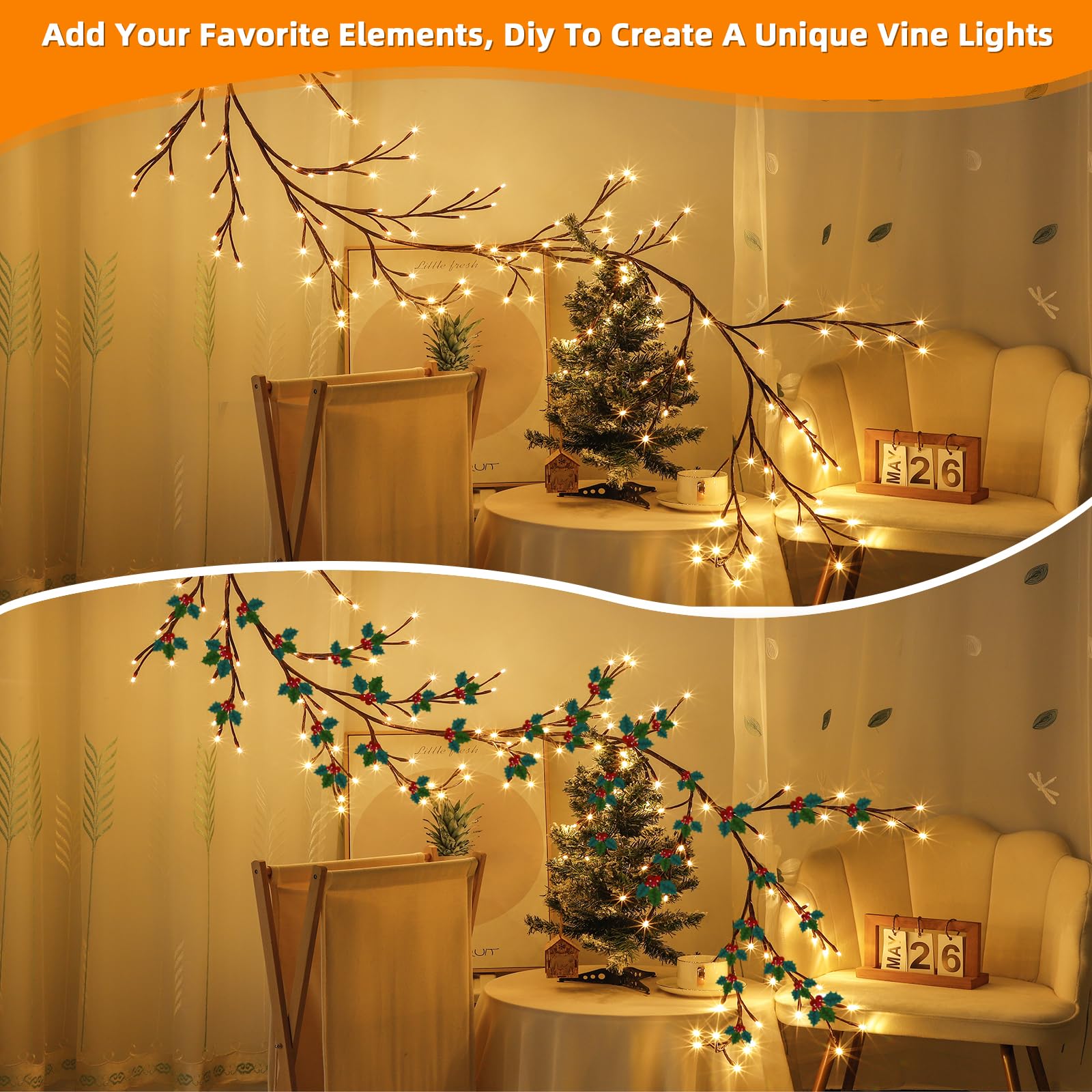 Arbre Lumineux LED, Arbres Guirlande Lumineuse, Decoration Murale, 144 LED Pliables Lumineuse Saule Artificielles, pour Mur Chambre Salon Décoration - 6
