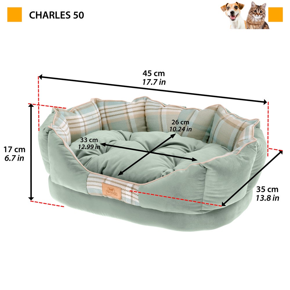 Ferplast Cuccia imbottita per cani e gatti CHARLES 50 Divano con cuscino, Sofà per animali, Scozzese, Soffice velluto, Lavabile, 45 x 35 x h 17 cm, - 2
