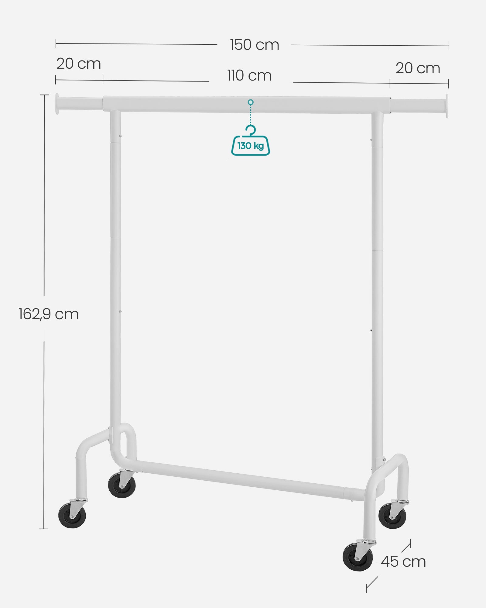 Portant à Vêtements avec Roulettes, Tringle Extensible pour Charge Lourde, Capacité de Charge 130kg, Porte-manteau pour Vêtements, en Métal, Blanc Mat - 5