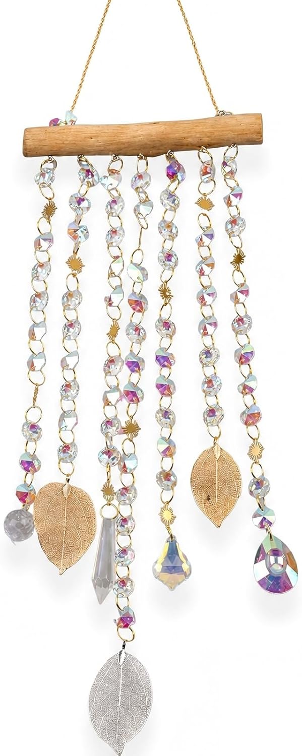 Attrape Soleil Cristal 41 x 15 cm, Suncatcher en Verre Cristal K9 avec Bois, Feuilles Métal et Pendentifs, Décoration Fenêtre à Suspendre