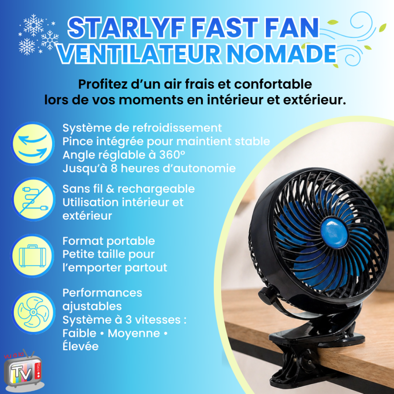 VENTEO | Starlyf Fast Fan | Le Ventilateur Portable | Pince Intégrée | Rechargeable Sans Fil | 3 Vitesses | Orientation 360° | Air Frais Ciblé | Pour - 2