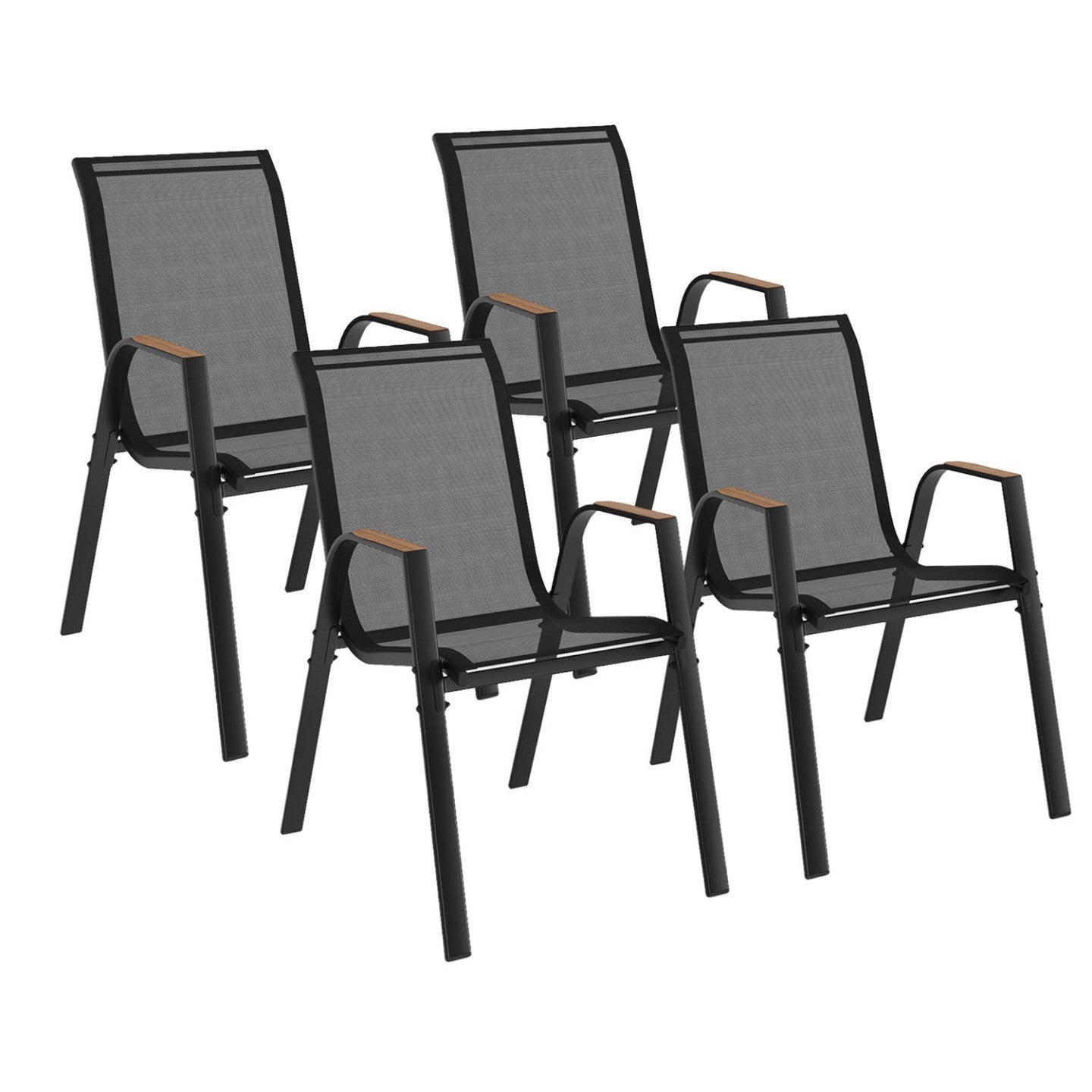 Lot de 4 chaises de jardin NOUMEA métal et textilène empilables noir et bois - 2
