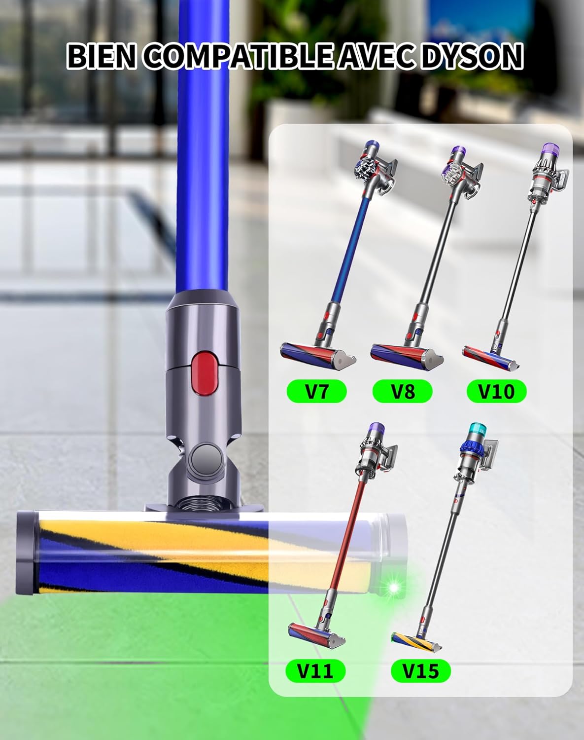 Testina con luce laser verde per Dyson V15, V11, V10, V8, V7 - Rullo morbido per pavimenti duri e parquet - 2