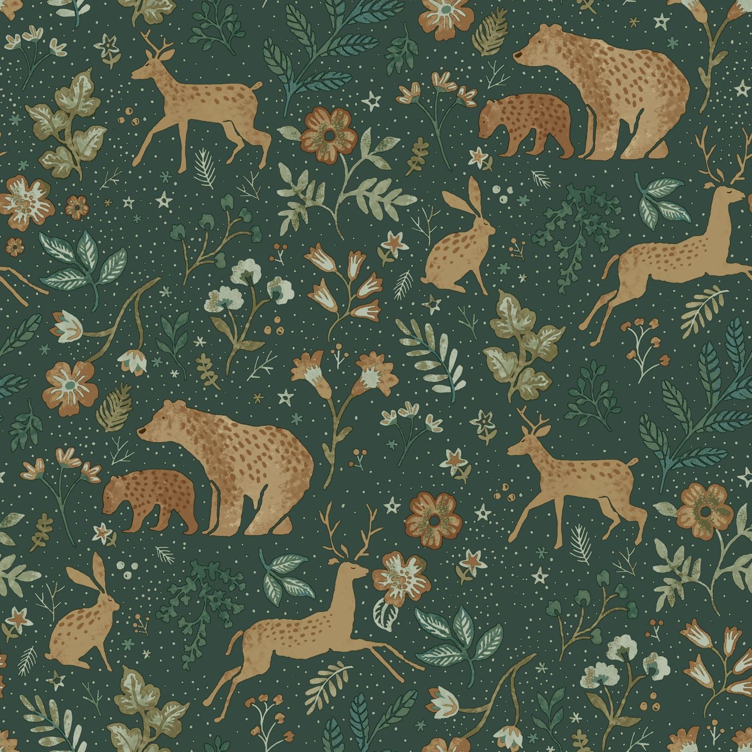 Papier peint forêt avec des animaux de la forêt vert foncé et beige - 53 cm x 10.05 m - ESTAhome - 9