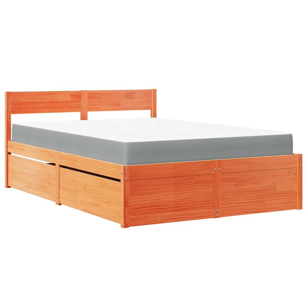 Lit avec tiroirs et matelas, bois massif de pin, cire marron, pour la chambre, 120 × 200 cm - 2