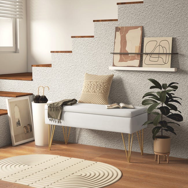 Panca Fondo Letto HOMCOM - Imbottita In Tessuto Effetto Lino, 110x37x49cm, Bianco Crema - Foto 4