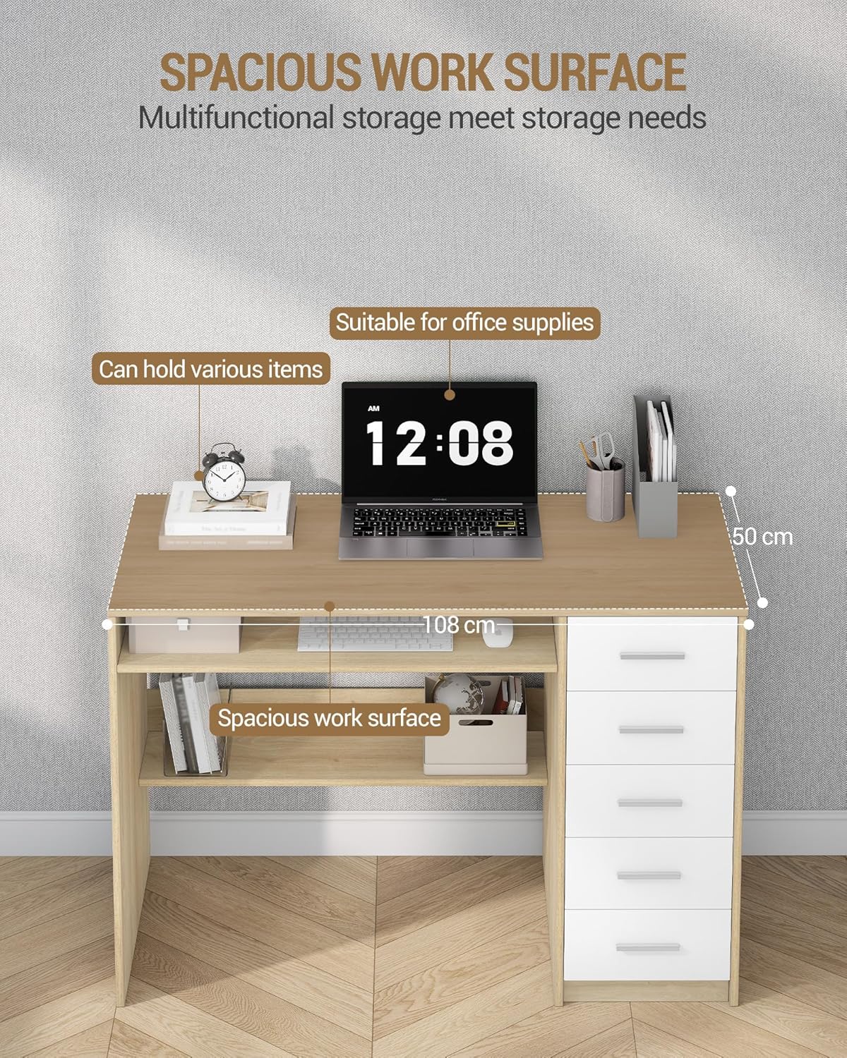 Bureau, Bureau avec 5 Rangement, Table Informatique au Design Minimaliste, Table d'ordinateur de Style Moderne,pour Études, Chêne Sonoma + Blanc - 3