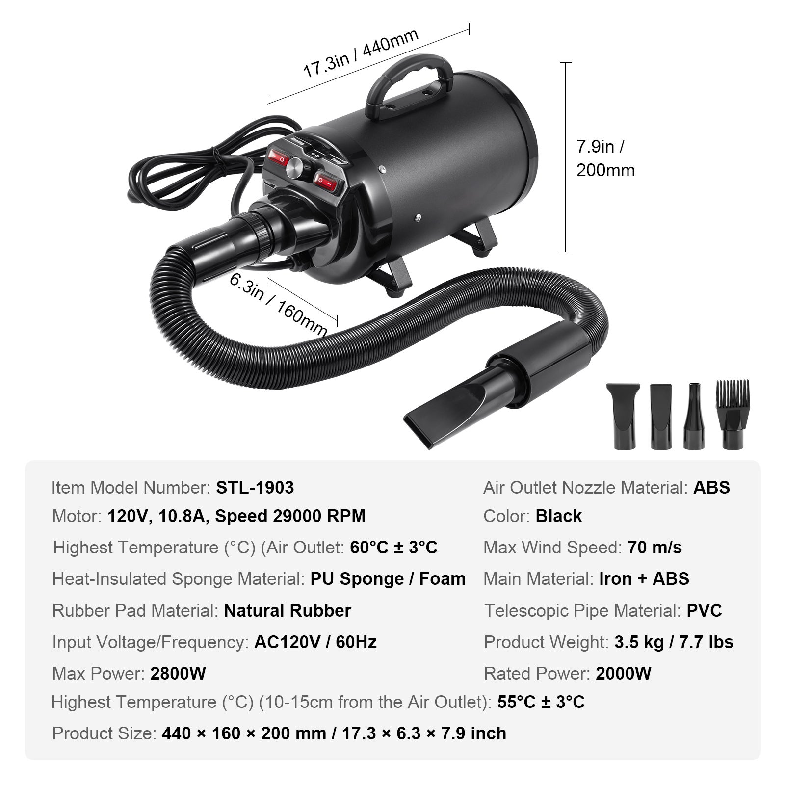 Secador de tosa para cachorro 2000W,SucceBuy secador de tosa 2,7 CV com velocidade e temperatura ajustáveis,4 bicos,mangueira expansível,preto - 9