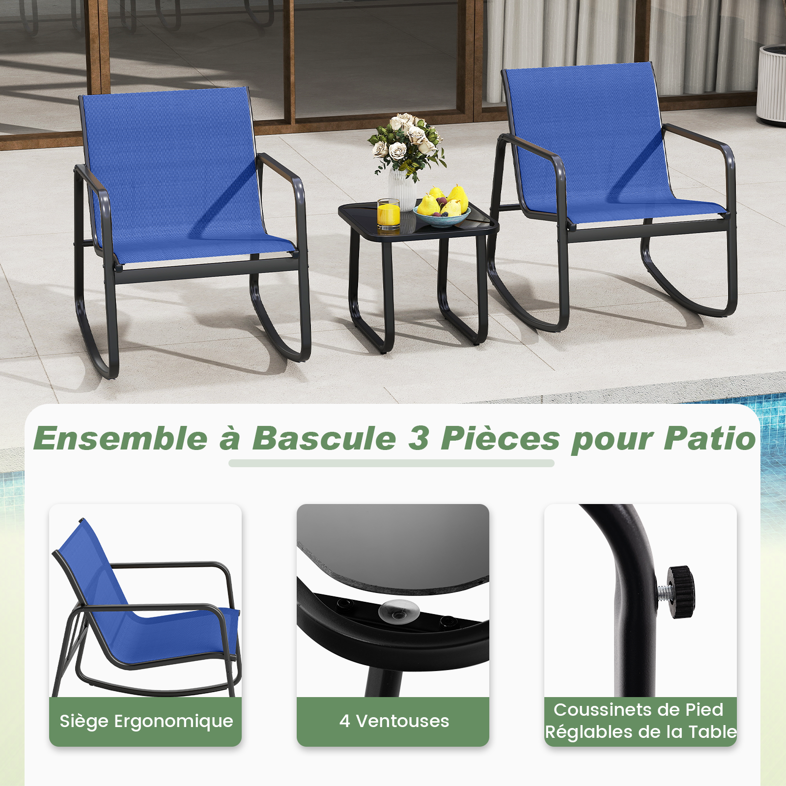 Mesa y Sillas Terraza, 2 Mecedoras de Bistró y 1 Mesa Baja con Tapa de Vidrio, Tela Textilene, Conjunto Jardin Terraza Exterior Balcon, Juego - 7
