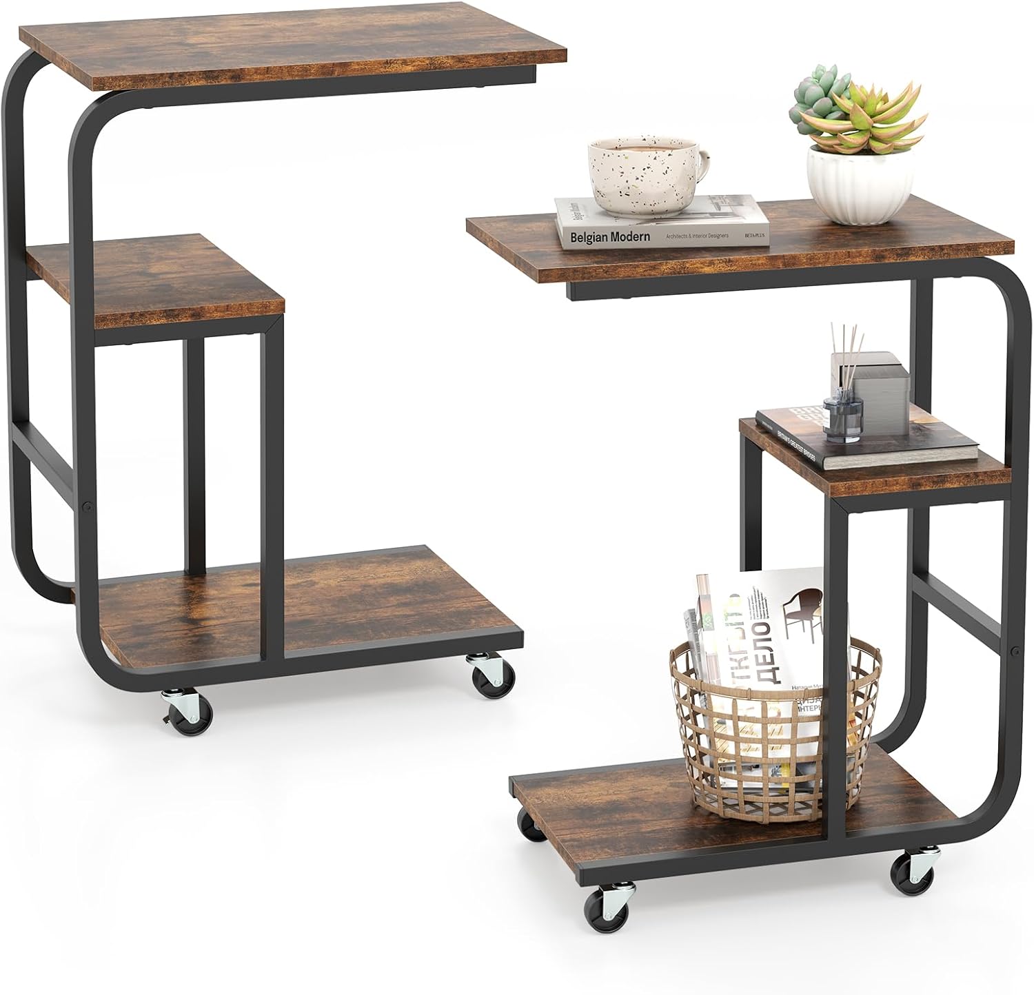 Zestaw 2 Stolików Pomocniczych w Kształcie Litery C do Laptopa z Kółkami, Stolik Kawowy z 3 Poziomami, Industrialny Design, Stolik Kawowy