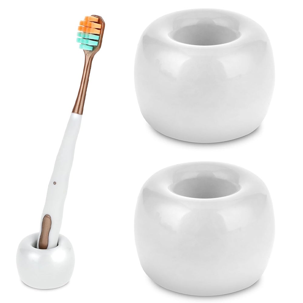Zestaw 2 małych, ręcznie robionych ceramicznych uchwytów na szczoteczki do zębów do białych maszynek łazienkowych