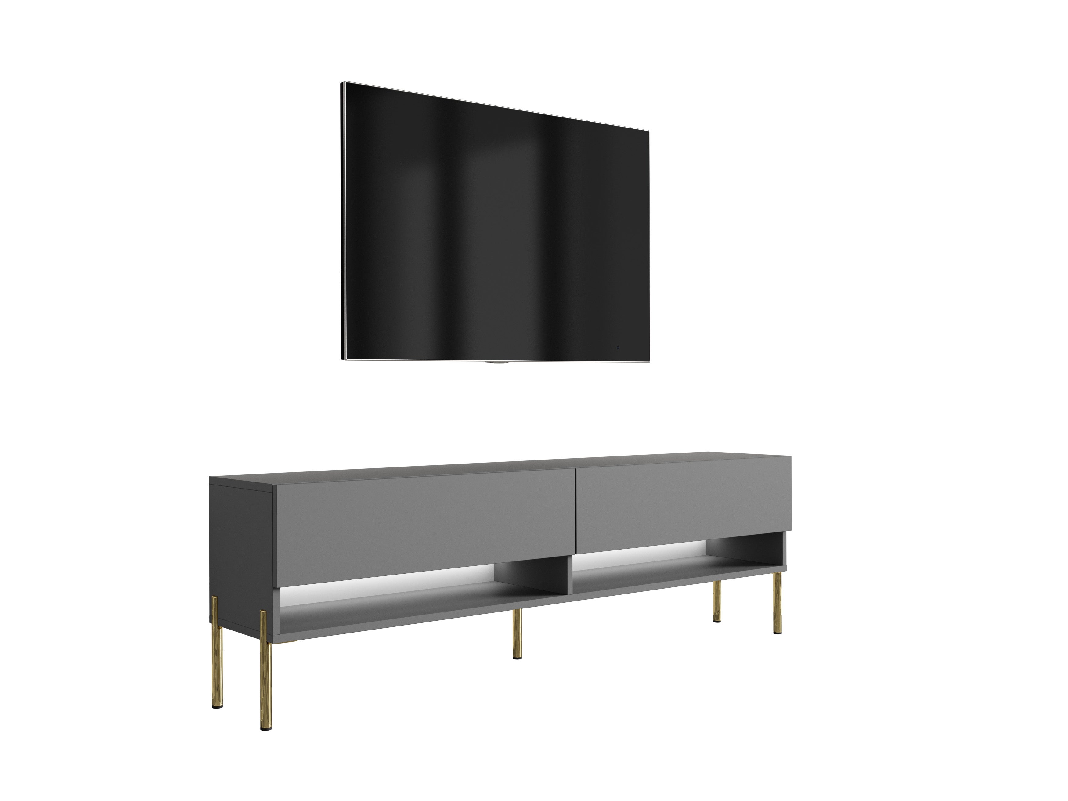 Szafka RTV : Antracyt, nóżki proste złote, LED biały, 170 × 32 × 52 cm