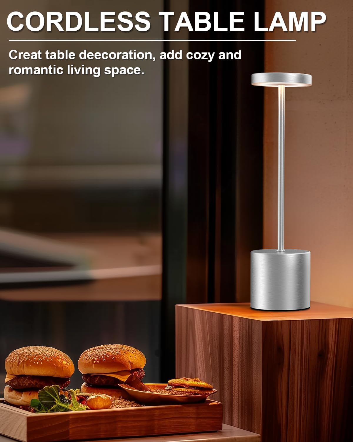 Zestaw 2 bezprzewodowych lamp stołowych LED z akumulatorem 1200 mAh, w kolorze srebrnym, z 3 regulowanymi poziomami kolorów do czytania/restauracji - 2