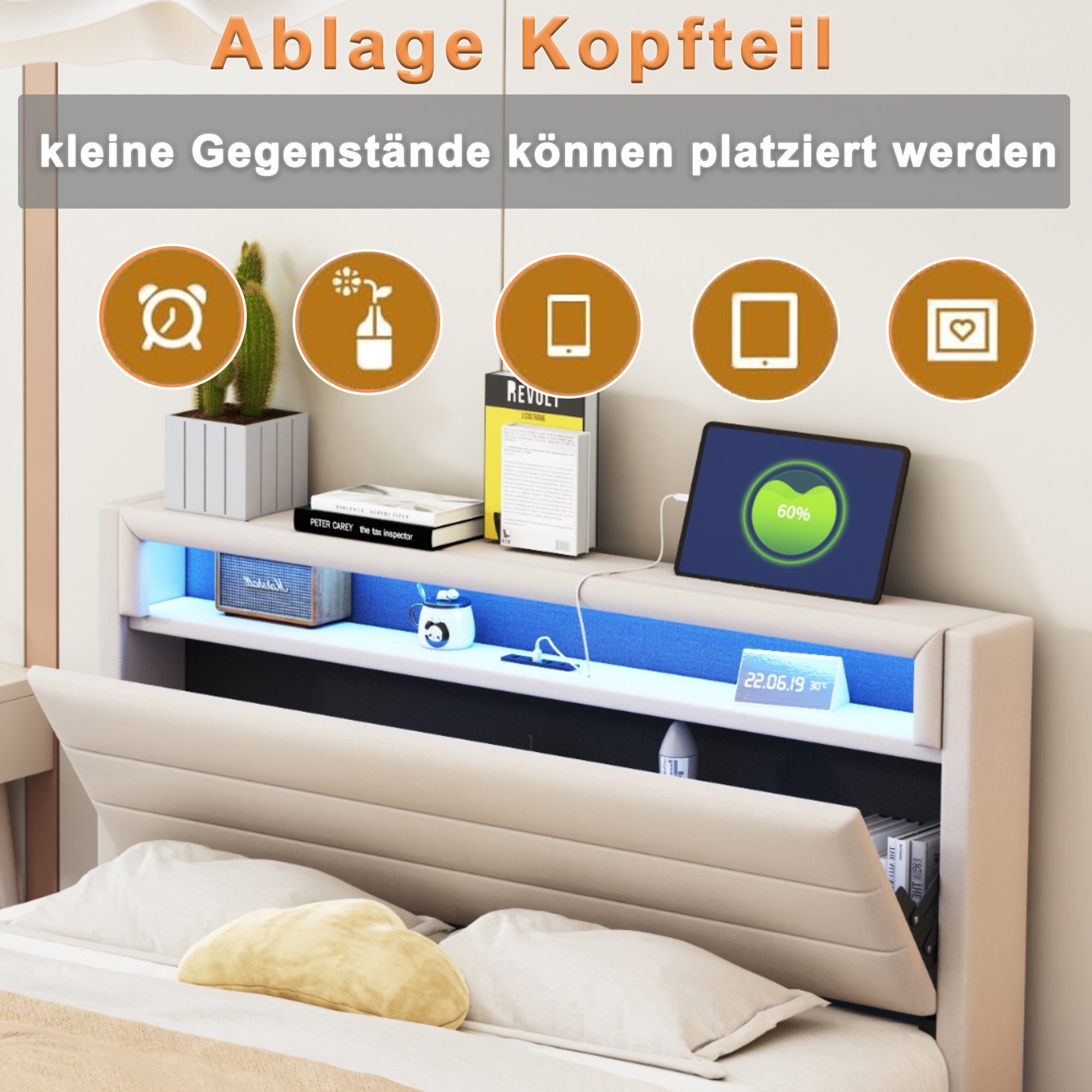 Cama canapé de 140 x 200 cm con cabecero y espacio de almacenaje - Puerto USB y LED - Tejido de lino - Beige (sin colchón) - 4