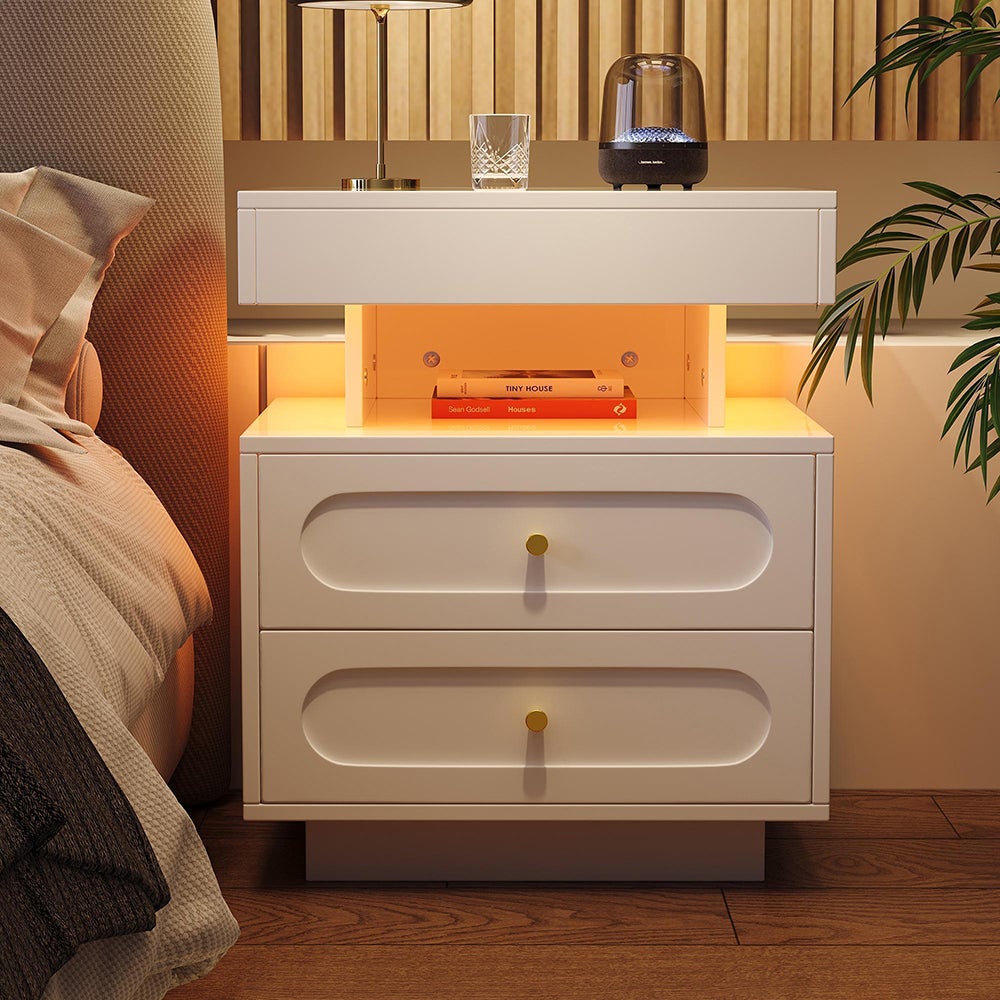 Table de chevet avec éclairage LED 2 tiroirs 1 rangement ouvert blanc ...