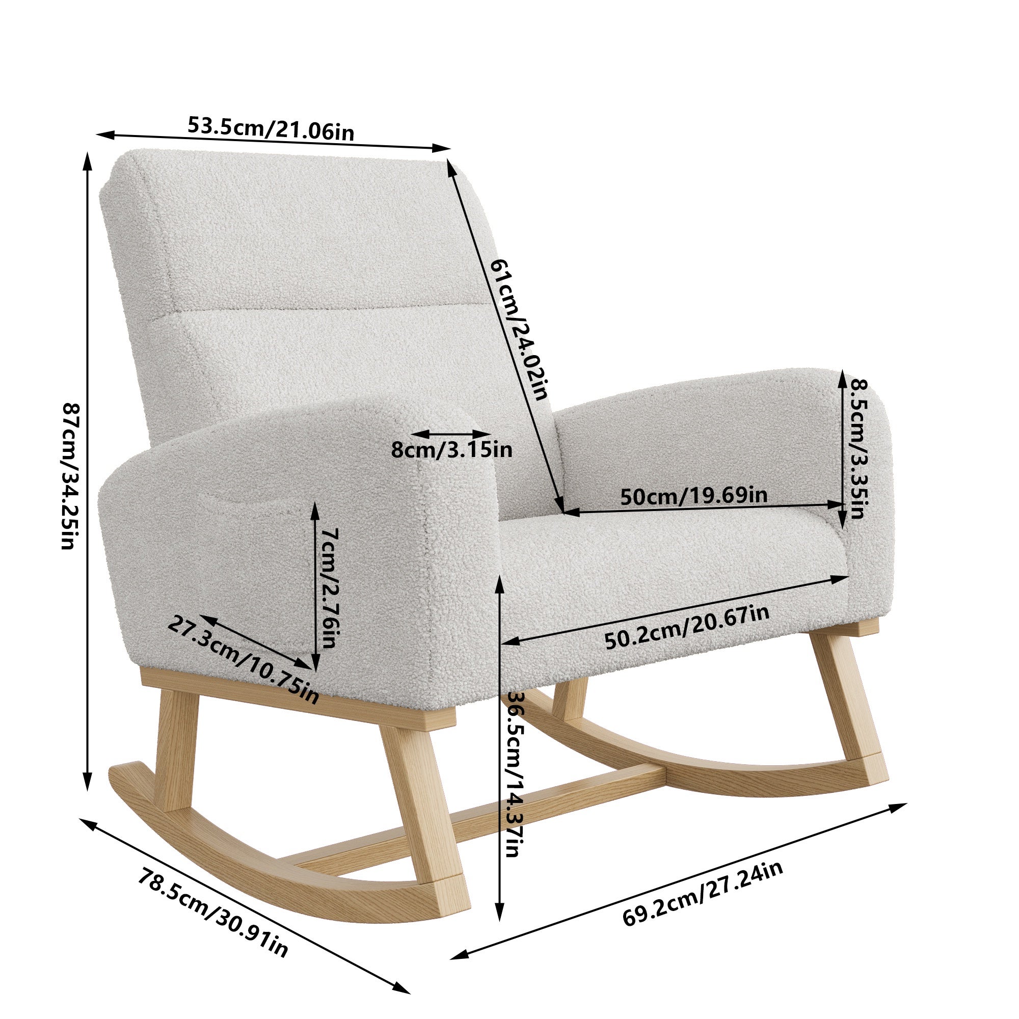 Fauteuil à Bascule - Confort Ergonomique - avec Poches Latérales et Bois Massif - 69.2x78.5x87cm - en Tissu Bouclée Gris Clair - 4