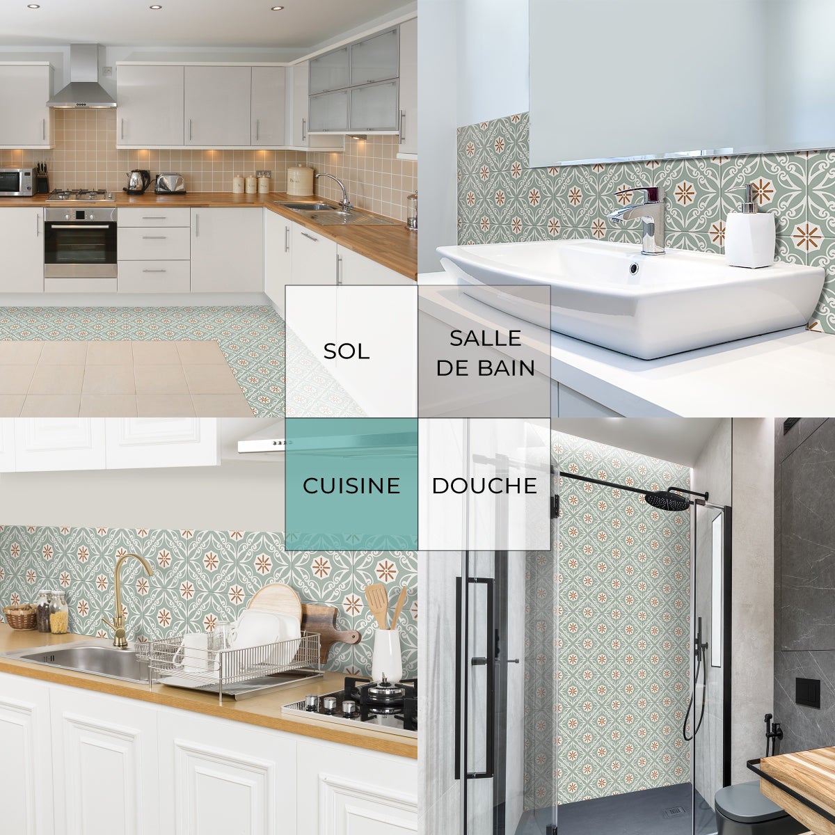 8 carreaux adhésifs 20x20cm Alice / Carreaux de ciment provençaux / bleu / pour douche, murs, sol, cuisine, salle de bain… - 2