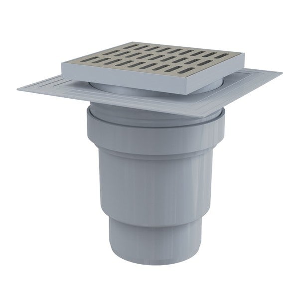 Siphon de sol en plastique - 150x150/110 mm - sortie verticale – grille en inox, apv13