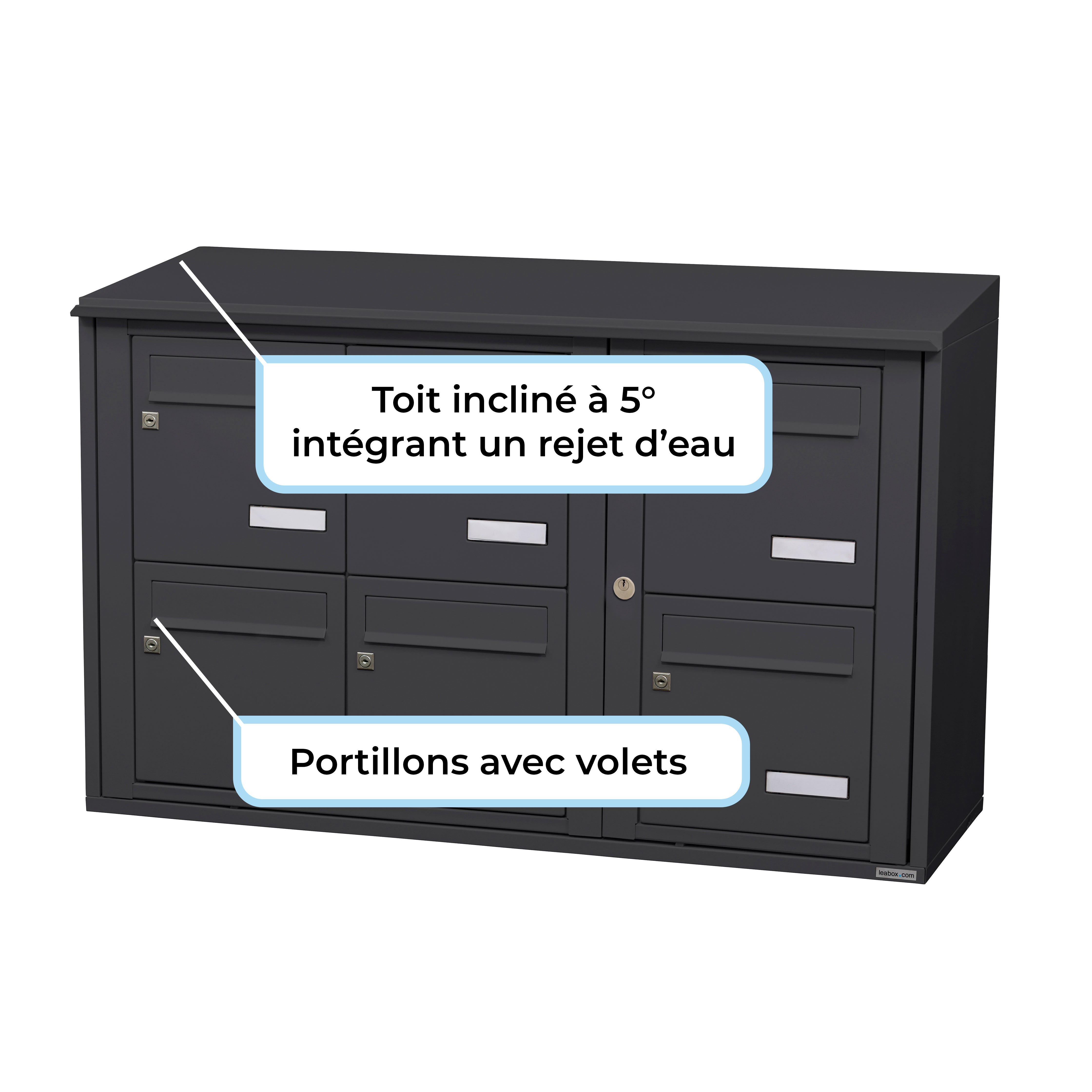 Bloc 6 boîtes aux lettres collectives extérieur mural - Modèle 3 x 2 - Gris anthracite - Leabox.com - 4