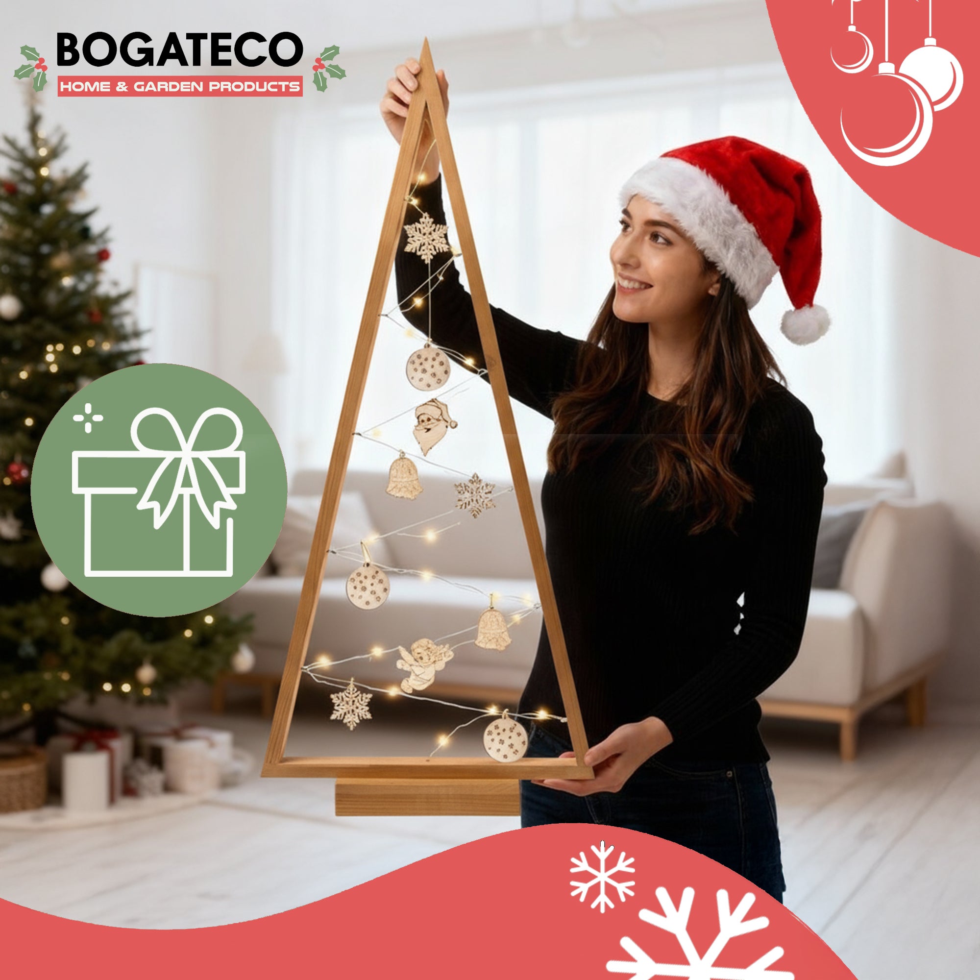 BOGATECO Sapin de Noël en bois avec LED 104 cm de haut | Décoration en bois incluse | Décorations de Noël | 100 LED | - 7