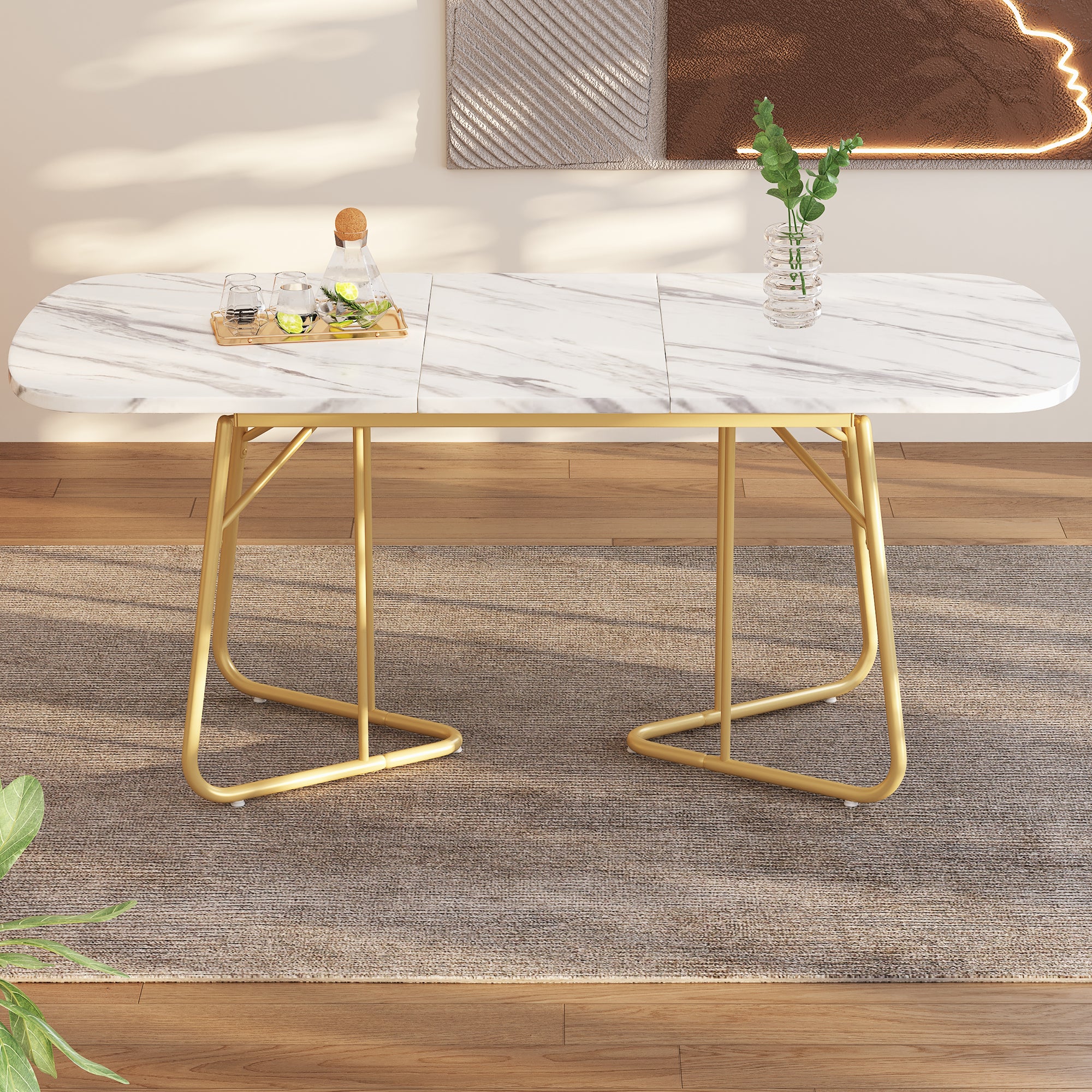 Rozkładany stół jadalny dla 4-6 osób - dł. 140/180 x szer. 80 x wys. 75 cm - płyta MDF, drewno i metal - wzór marmuru - biały - 3