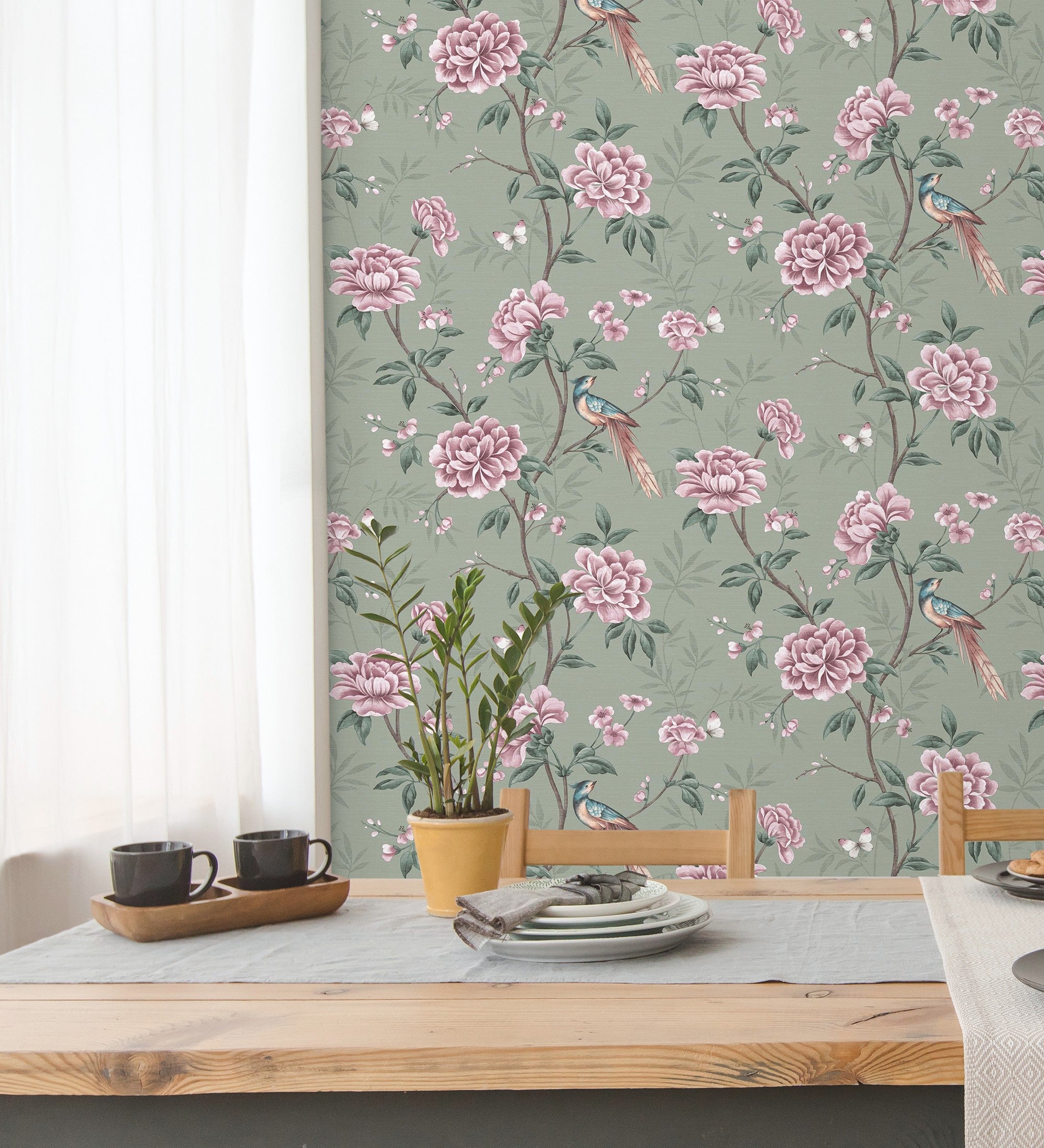 Papier peint d'oiseaux et fleurs sur fond texturé effect fibre végétale vert - Nora Garden 681988 de GAULAN - Rouleaux de 10 m x 0,52 m - 7