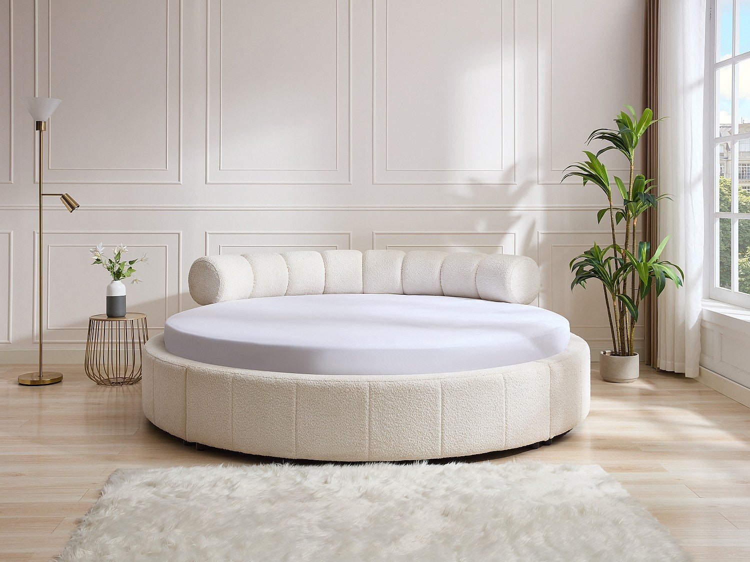 Lit rond 220 x 220 cm - Tissu bouclette - Blanc - ROGILA - 2