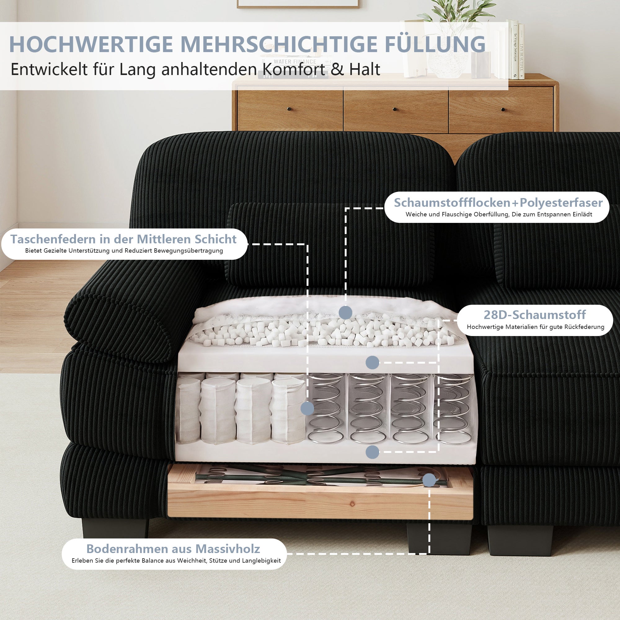 Canapé modulable en L 4 places 336x161x94cm avec pouf, assise profonde ...