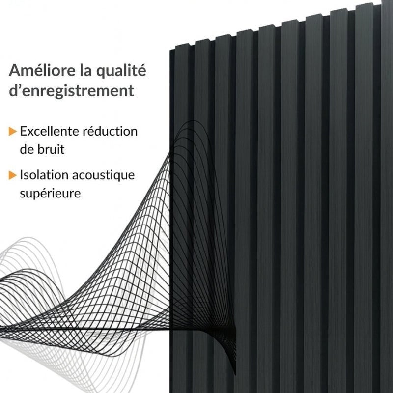 Lot de 4 Panneaux Acoustiques Muraux Bois 240x60x2,2cm - Couleur Noir avec Fond Noir - SILAMP - 4