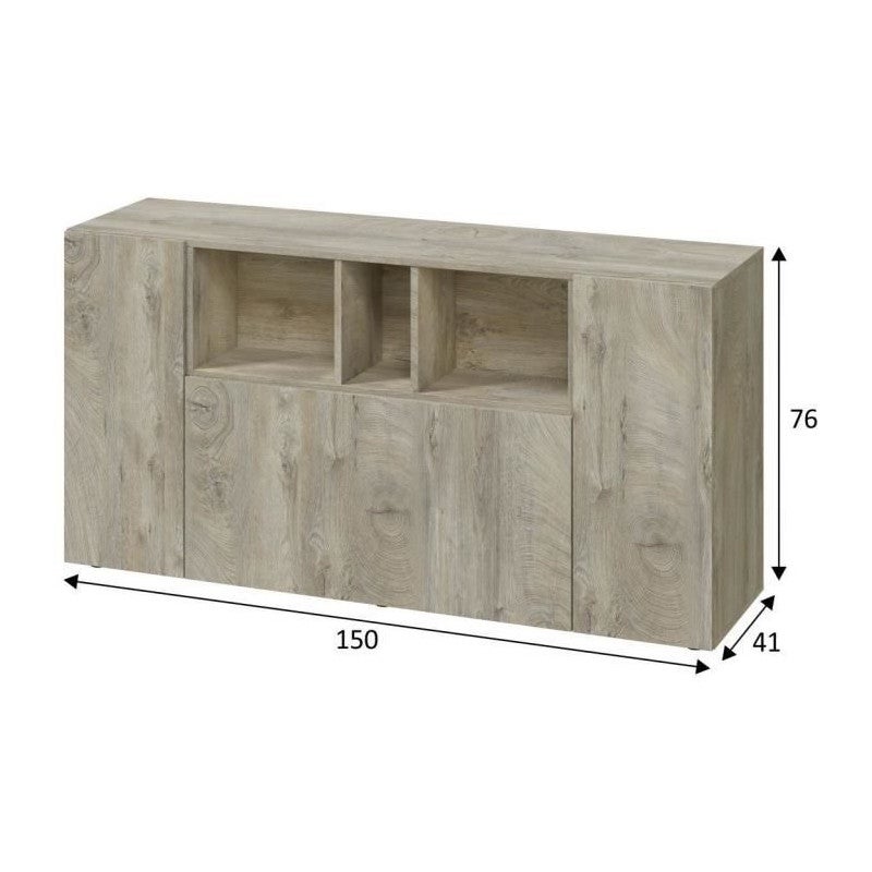 Buffet LOIRA - Mélaminé blanc artik et chene - 3 portes + 3 niches de rangement - L 150 x P 41 x H 76 cm - 4