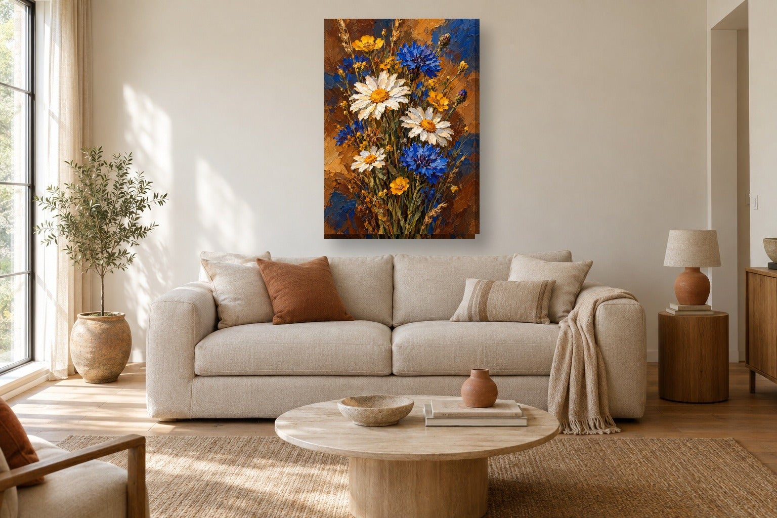 Tableau floral à l’aquarelle «Fleurs des champs, huile» sur toile ...