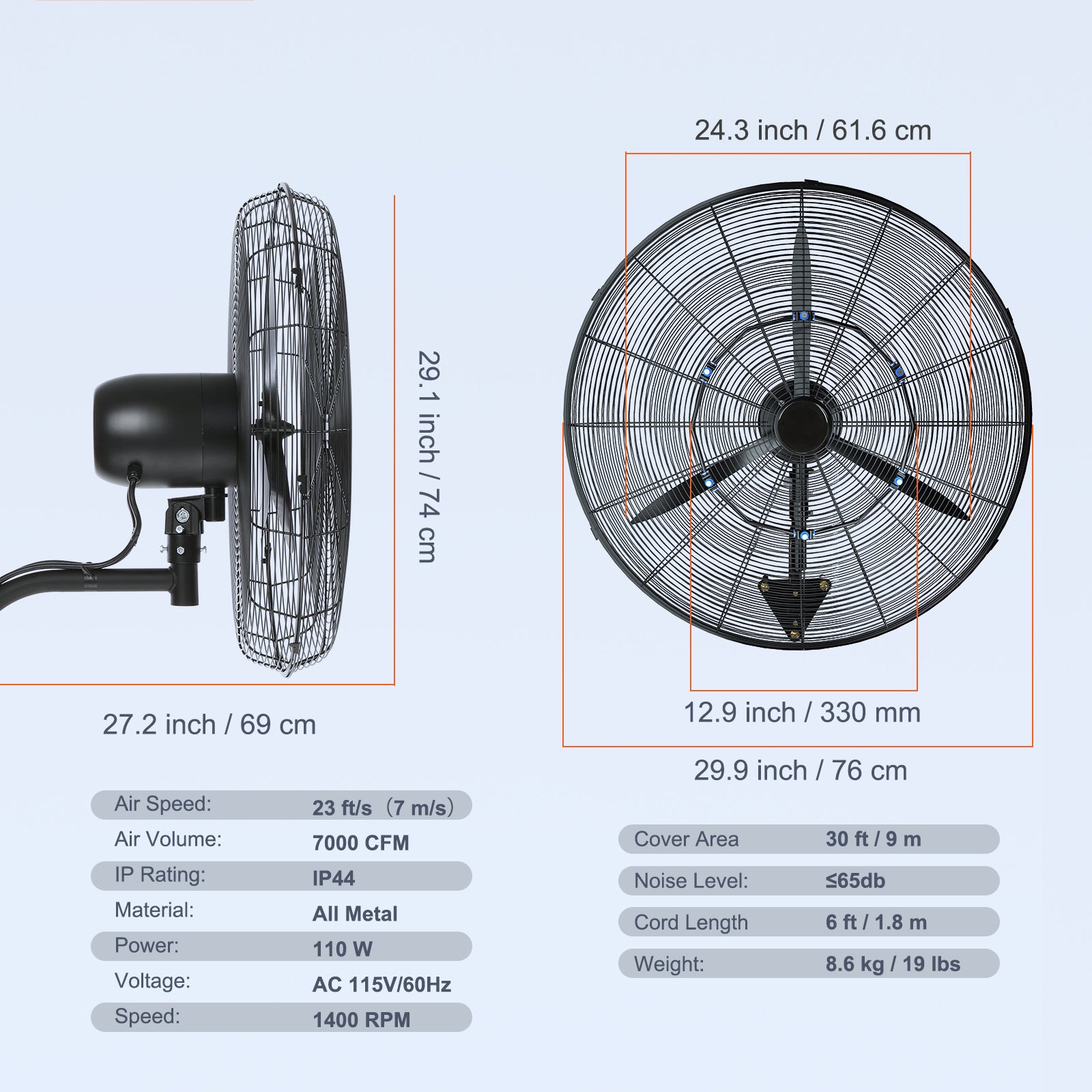 Ventilador Nebulizador de Parede SucceBuy 61,6 cm, Industrial Oscilante 3 Velocidades 7000CFM Resistente a Salpicos para Estufa Oficina Exterior - 9