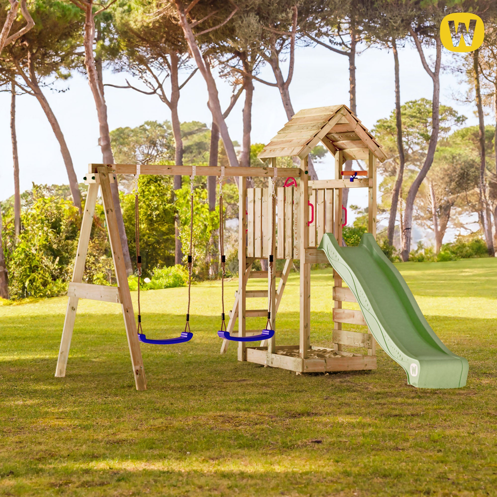 WICKEY Aire de jeux MultiFlyer HD avec toit en bois, balançoire double et toboggan vert pastel - 4