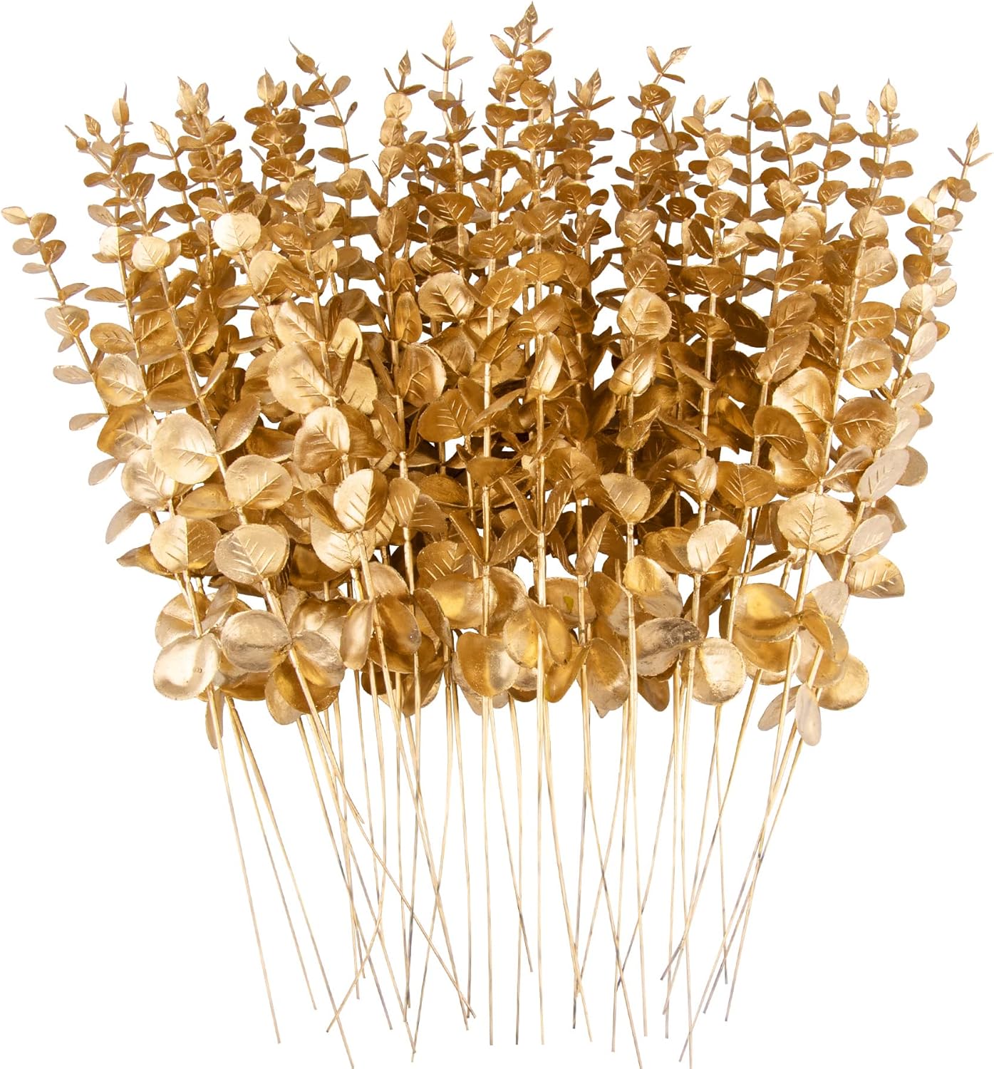Lot de 24 tiges d'eucalyptus artificielles dorées, fausses feuilles décoratives pour bouquet de mariage, maison, ferme, vase, bricolage - 6