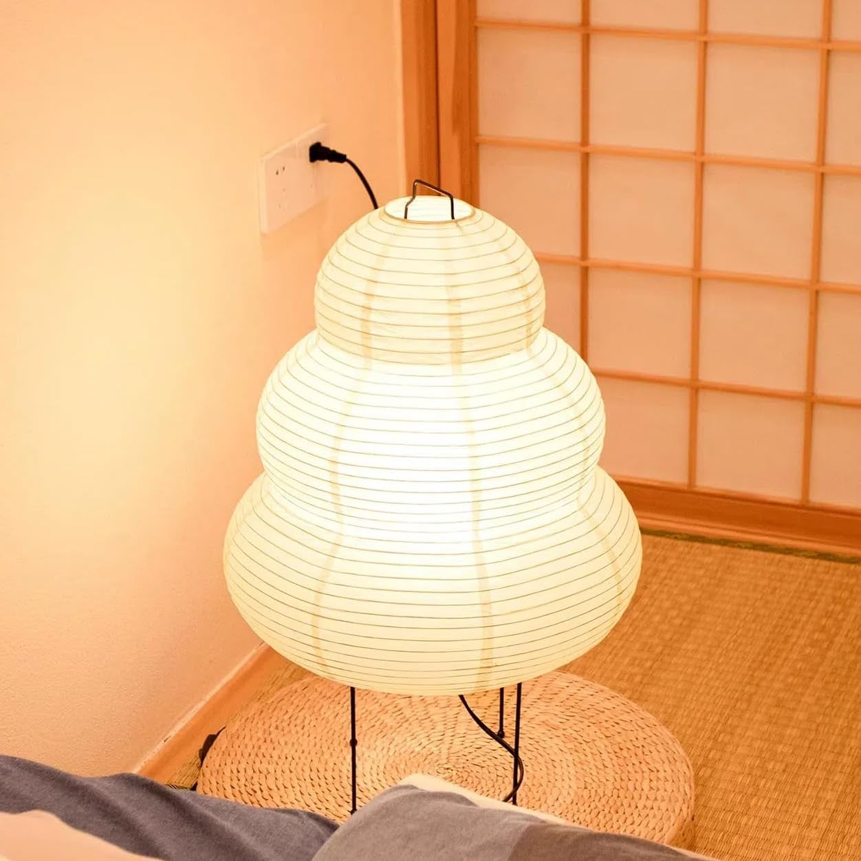 Japońska lampa podłogowa z papieru ryżowego E27 - Lampa stołowa Snowman, biała latarnia - Wtyczka europejska (ciepłe białe światło 3000 K)