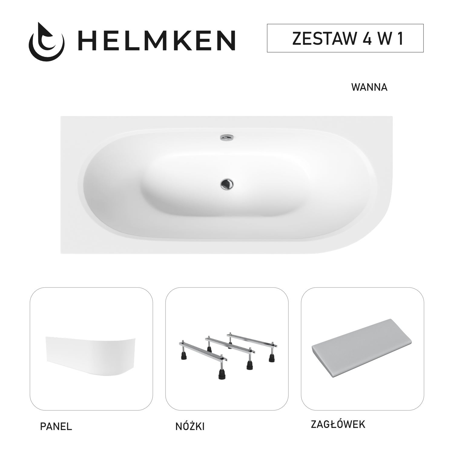 Wanna akrylowa Helmken Marbella Lux 150 x 75 Lewa + Panel biały + Zagłówek szary + Nóżki / 23092002ZW