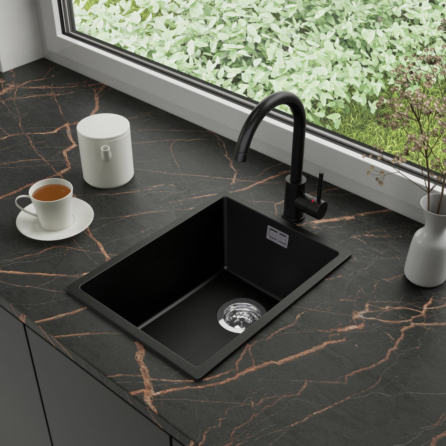 Zlewozmywak Granitowy 36x47cm, do szafki od 40cm + Bateria + Syfon - Agate Czarny STONESTYLE