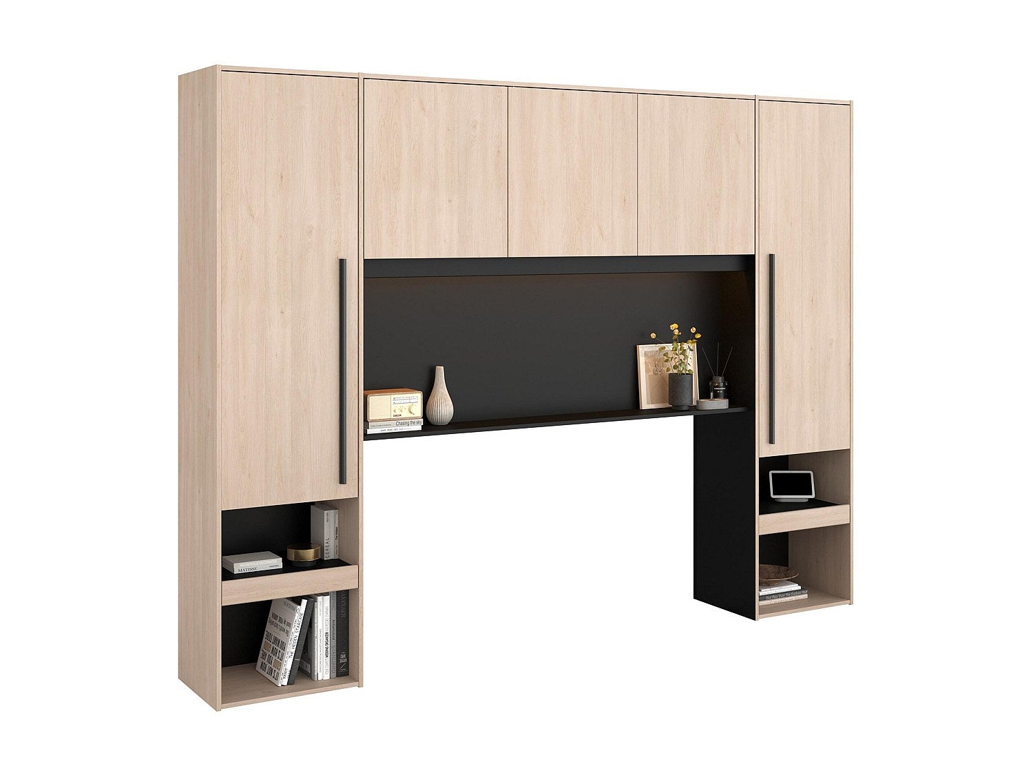 Pont de lit avec rangements - Avec LEDs - L265 cm - Coloris : Naturel et noir - VELONA - 4