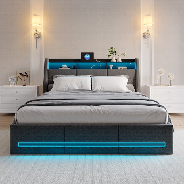 Lit coffre 140 x 190 cm avec sommier,lit 2 personnes avec LED et USB,lit hydraulique avec rangement,Cadre de lit à lattes,lin,gris